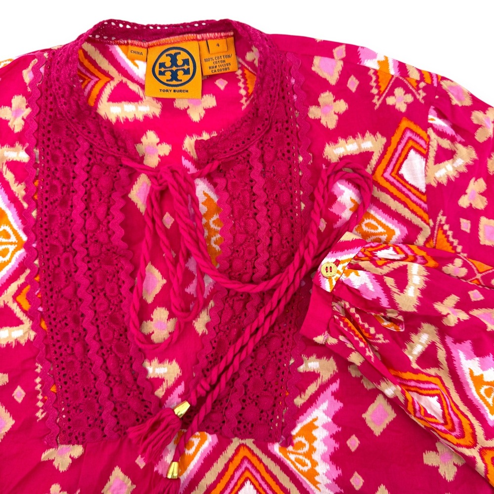Tory Burch Pink Geometric Print Crochet Tie Neck Cotton Blouse Size 4‎ - Picture 8 of 8